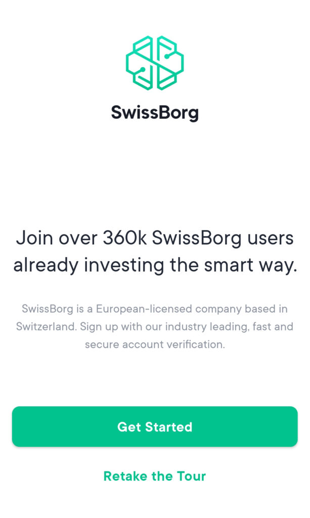 Ecran de démarrage de l'application SwissBorg